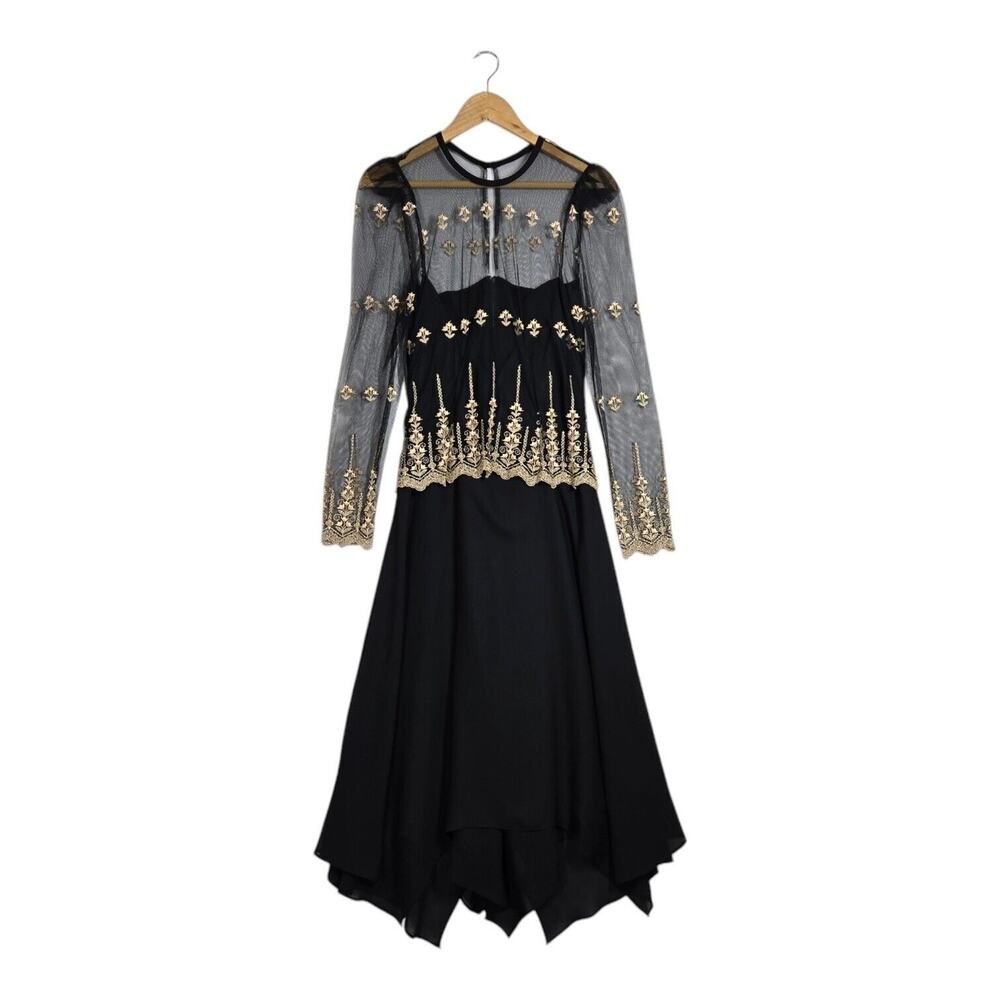Vintage Nightway Dress Gown Sz 6* Black Gold Embroidered Handkerchief Hem Goth